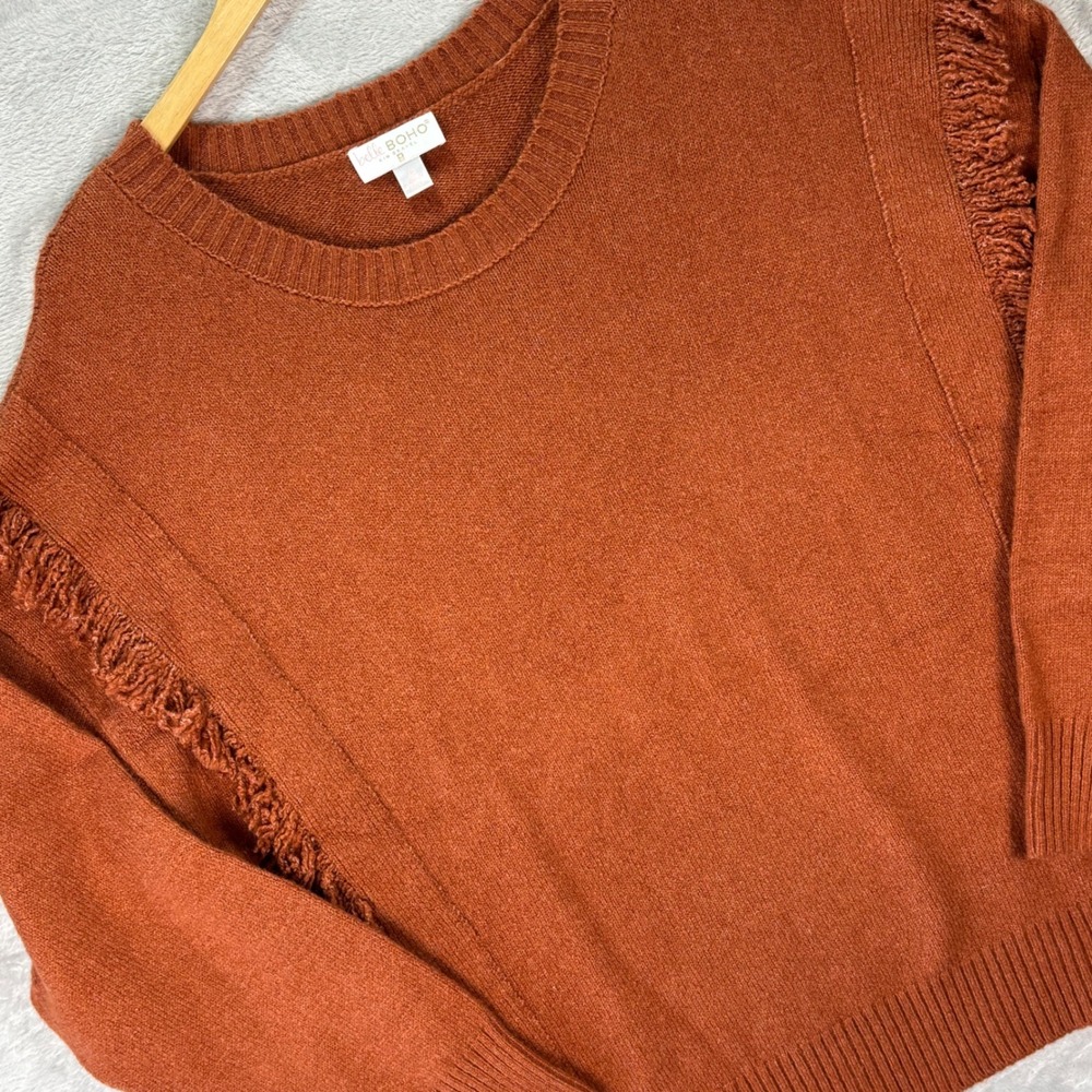 Belle Boho‎ Women's Fringed Sweater Rust Long Sleeve Pullover Knit Sz XL